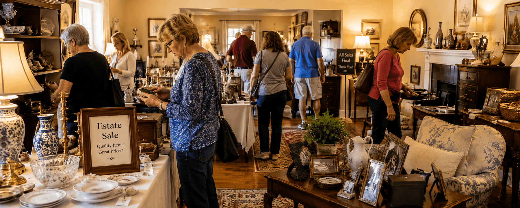 Shoppers browsing a well-organized estate sale with tagged, priced items.