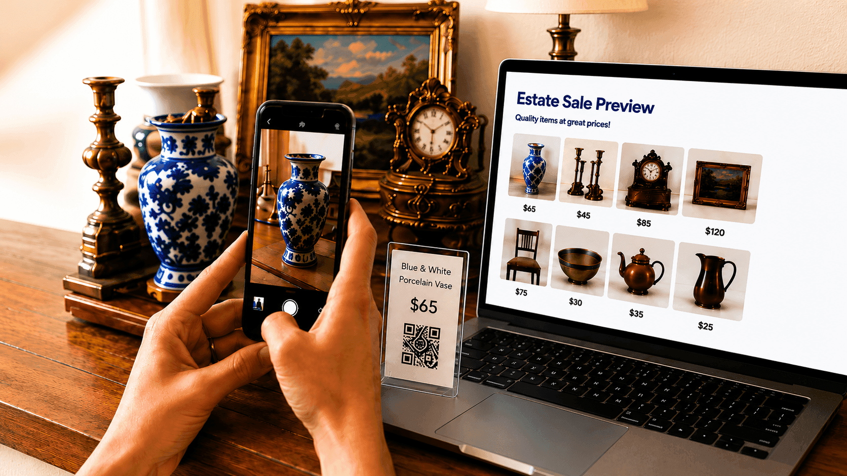 Estate Snapper in use — photographing a porcelain vase with a phone while a laptop shows the live sale page with priced items.