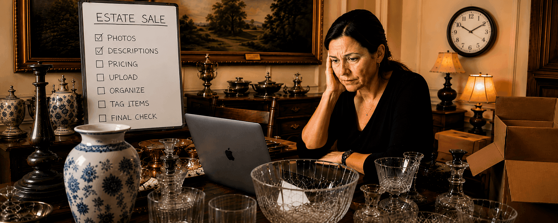 An estate sale host at a laptop with a long, mostly-unchecked prep checklist — photos and descriptions done, pricing and organizing still to do.